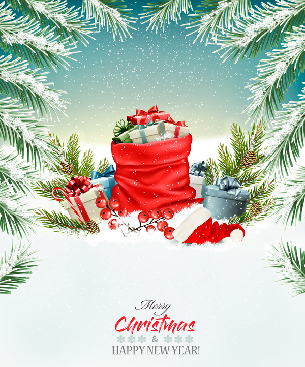 Feiertagsweihnachtshintergrund mit rotem Sack fulll Geschenkboxvektor  