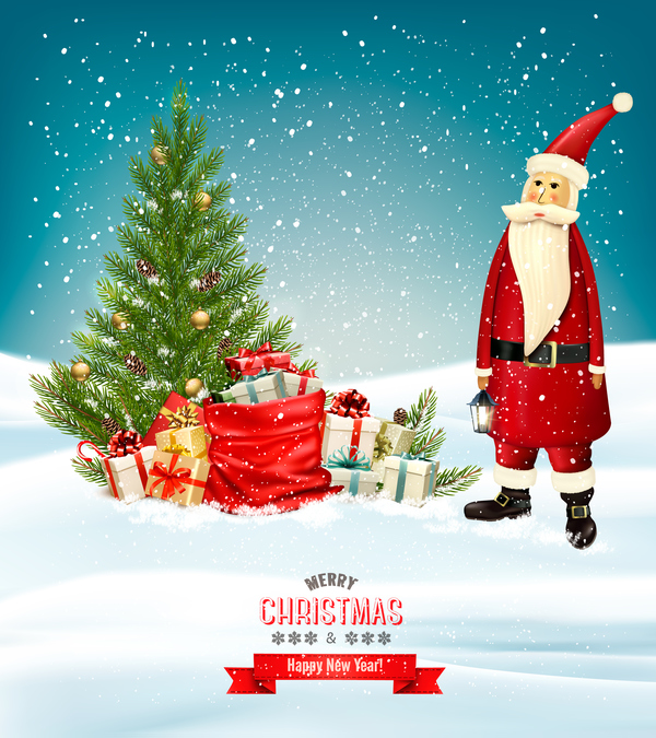 merry christmas banner with colorful presents and Santa vector  