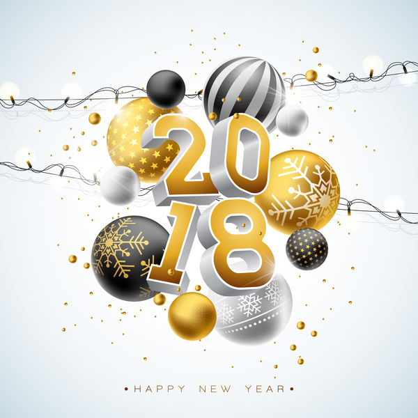 Fond de nouvel an 2018 avec des boules de décor et vecteur d'ampoule  