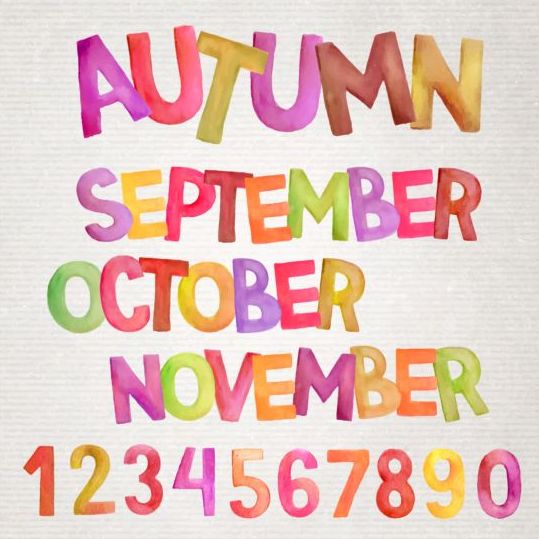 Herbst-Aquarell-Alphabet mit Zahlenvektor  