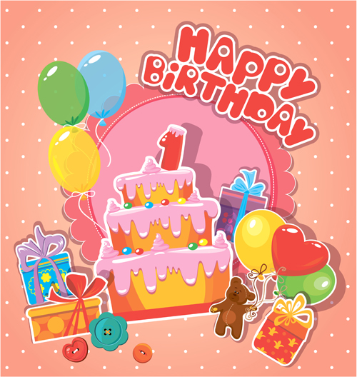 Baby birthday card with cake vector material 01  