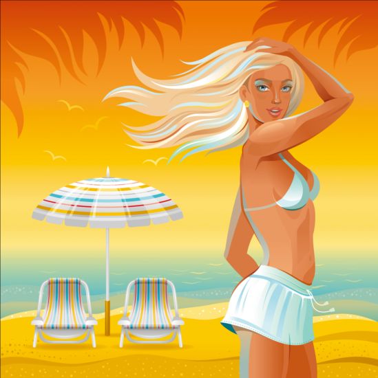 Красивая девушка с летним пляжем фон вектора 08  