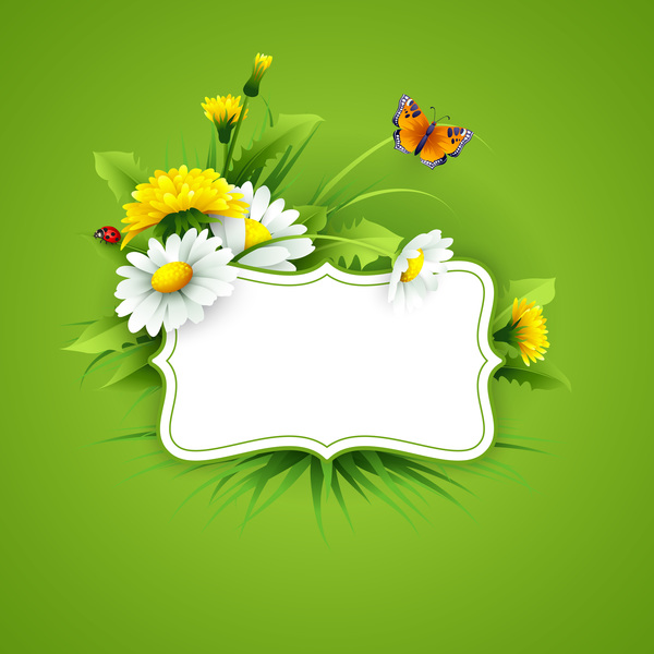 Leerer Aufkleber mit Frühlingsblume und grünem Hintergrundvektor 05  