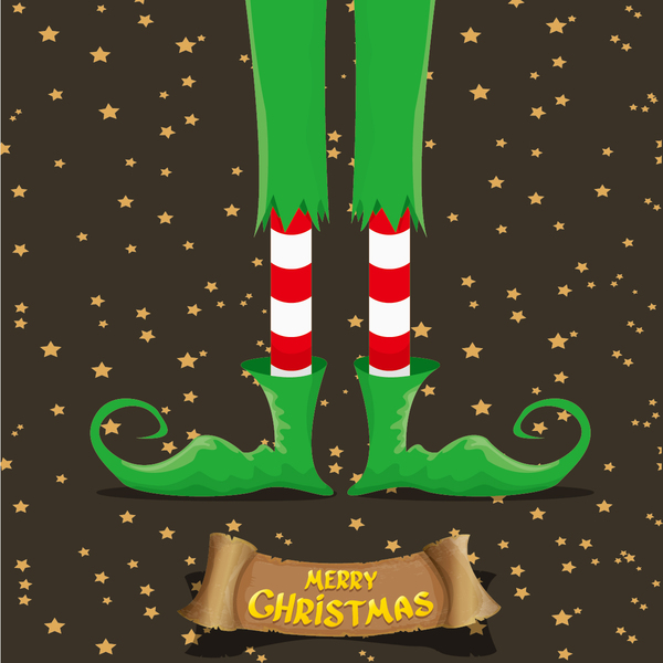 Cartoon elfs legs with retro christmas banner vector 08  