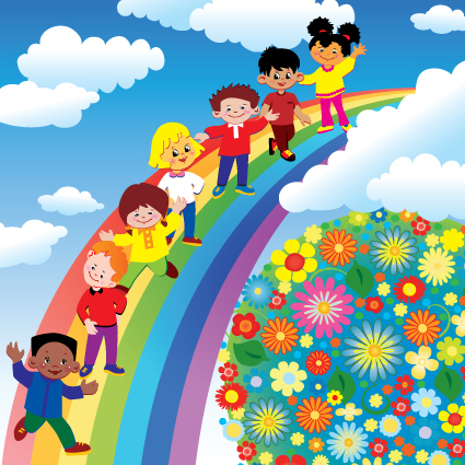 Children with rainbow design vector 01  