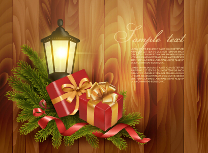 Christmas gift with lamp wooden background vector  