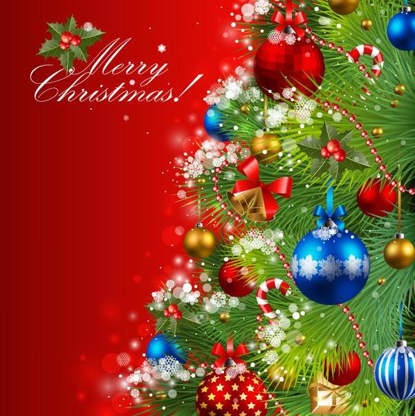 Christmas red background with baubels vector material  