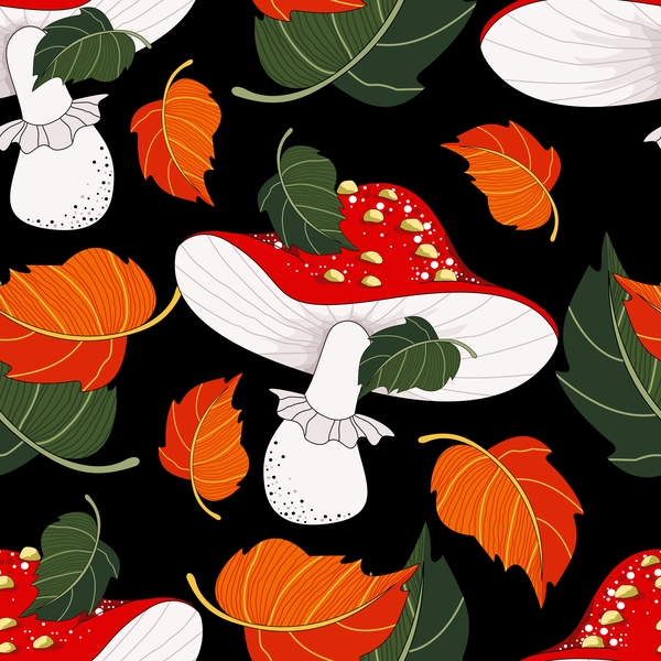 Colored leaves with mushroom pattern vector  