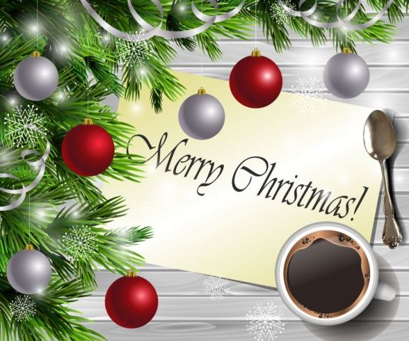メリークリスマスグリーティングカードベクトルとカップコーヒー  