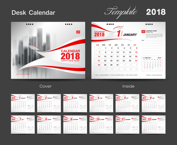 Desk Calendar 2018 template with red cover vector 12  