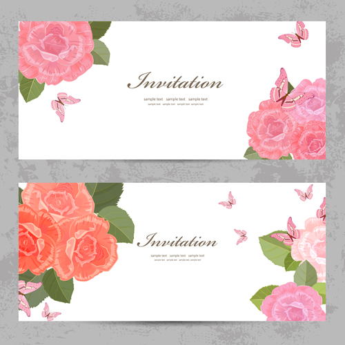 Flower rose invitation card vector 02  