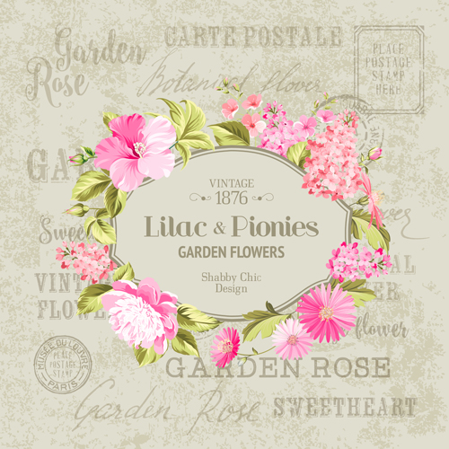 Flower with stamp vintage vectors material 06  