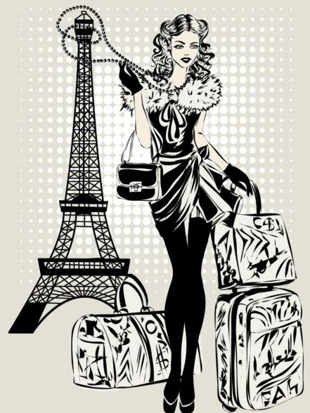 Hand drawn gril with paris travel background vector 07  