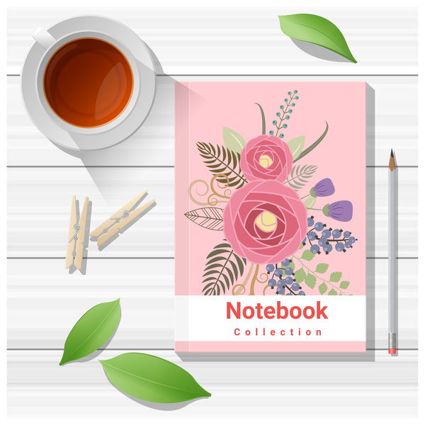 Notebook with wooden table background vector 10  