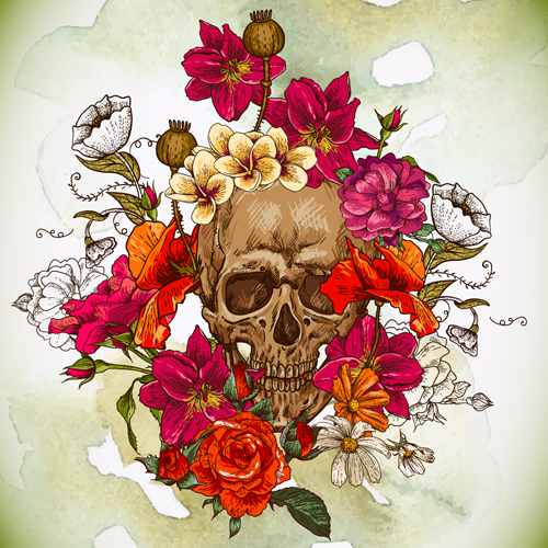 Skull and poppies vector background 01  
