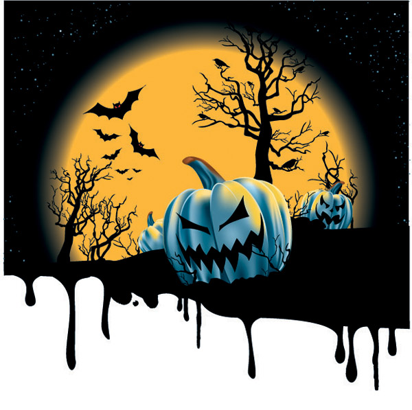 Spooky pumpkins with halloween night background  