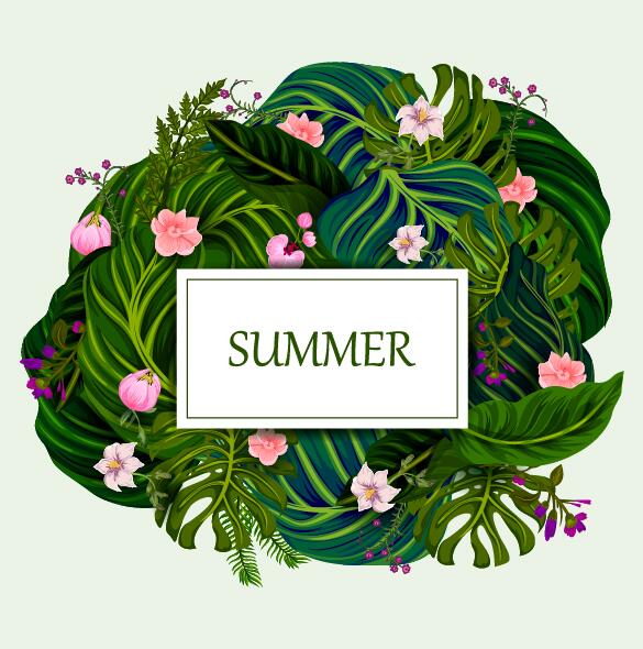 Summer background with tropical plant and flower vector 05  