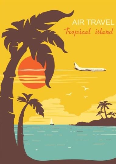 Tropische Insel Flugreise Vintage-Plakatvektor 05  