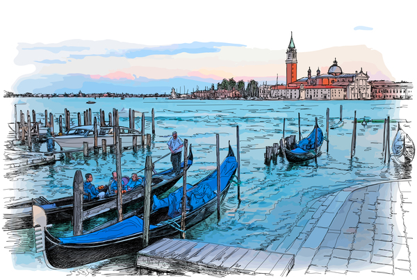 ヴェネツィア イタリア風景手描画ベクトル 02  