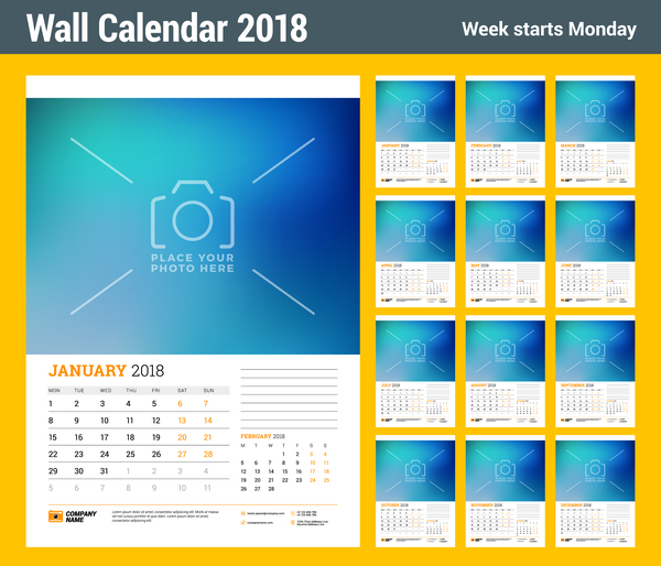Wall 2018 calendar template vector 02  
