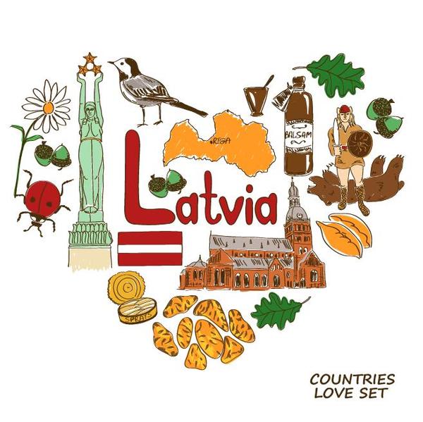 éléments de pays de Lettonie avec vecteur de forme de coeur  