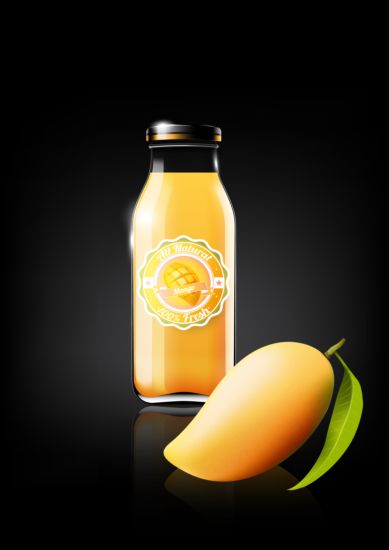 mango sap en glazen fles vector  