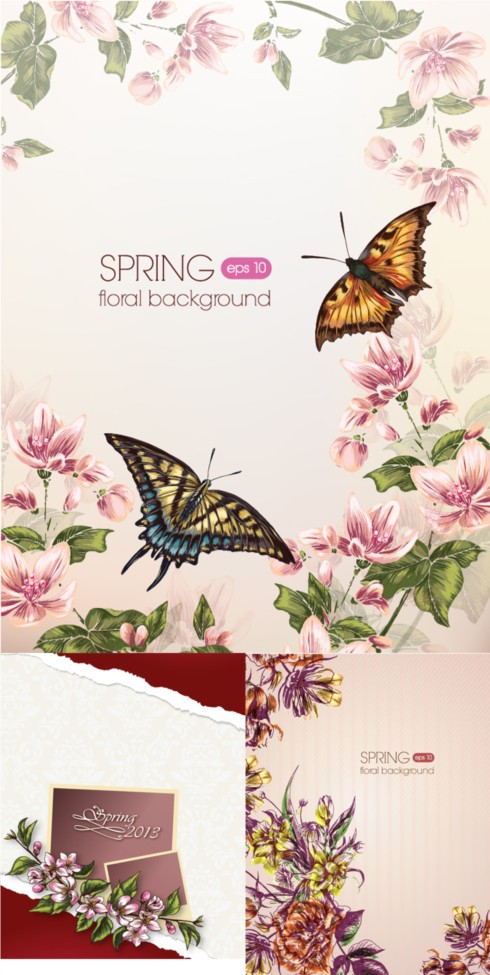Romantic spring floral with butterflies background vector  