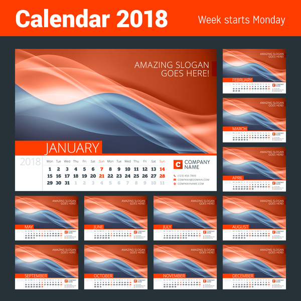 Kalender 2018 mit rotem abstraktem Hintergrundvektor  