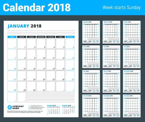 Blauer Kalender der Unternehmenskalenderschablone 2018  