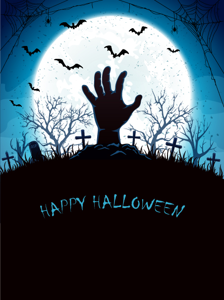 Sfondo blu Halloween con Luna e mano sul vettore cimitero  