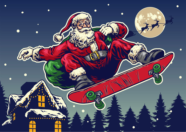 Weihnachtsgrußkarte mit Weihnachtsmann-Fahrskateboardvektor 07  