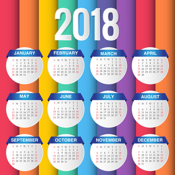 Schablone des kreativen Kalenders 2018 mit farbigem Hintergrundvektor  