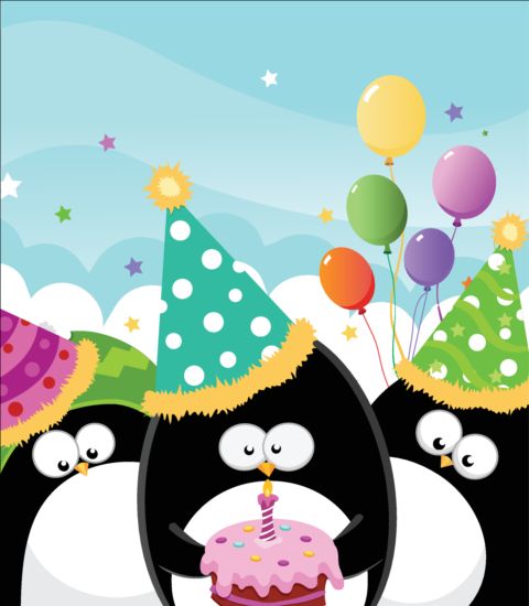 Симпатичный пингвин с вектором торта ко дню рождения  