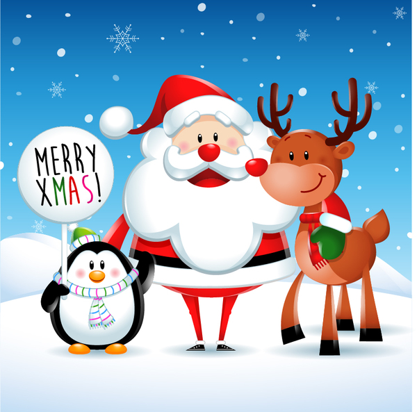 Santa mignonne avec le cerf et le vecteur de Noël de pingouin  