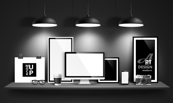 Desk with monitor and lamp vector 01  