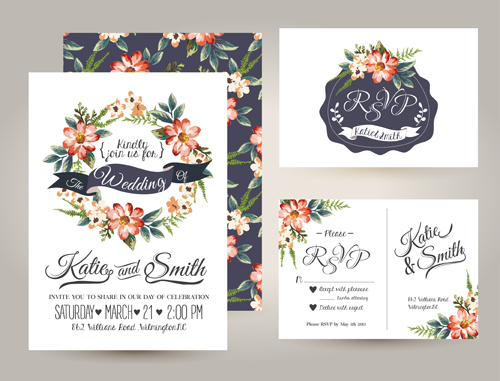 Elegant flower wedding invitation card kit vector 02  