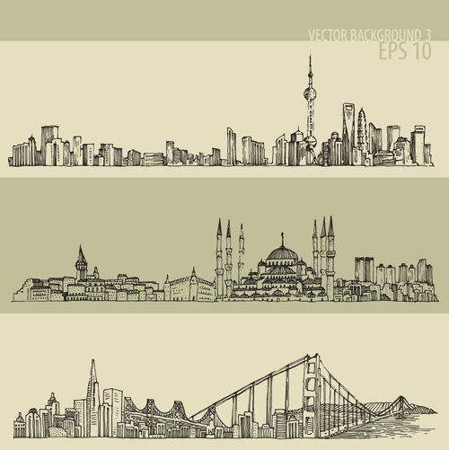 Hand drawing city retro background vector 03  