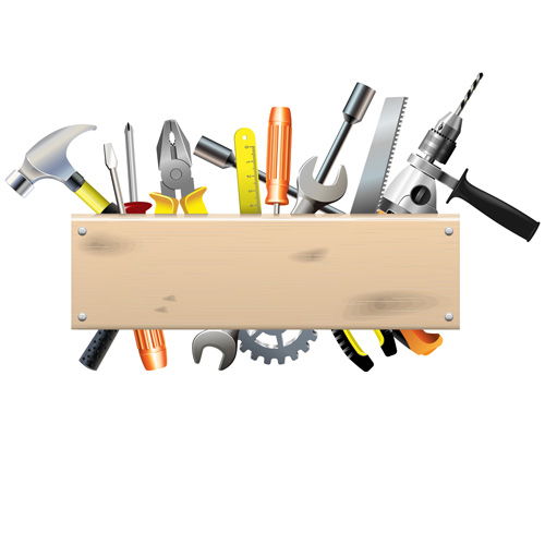 Hardware tools with wood boards background vector  