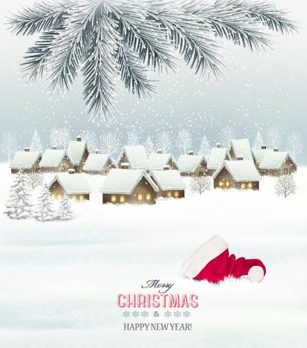 Holiday christmas background with winter landscare and santa hat vector  