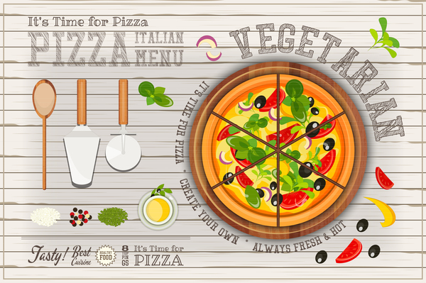 白い木製の背景ベクトル 01 とイタリアのピザのメニュー  