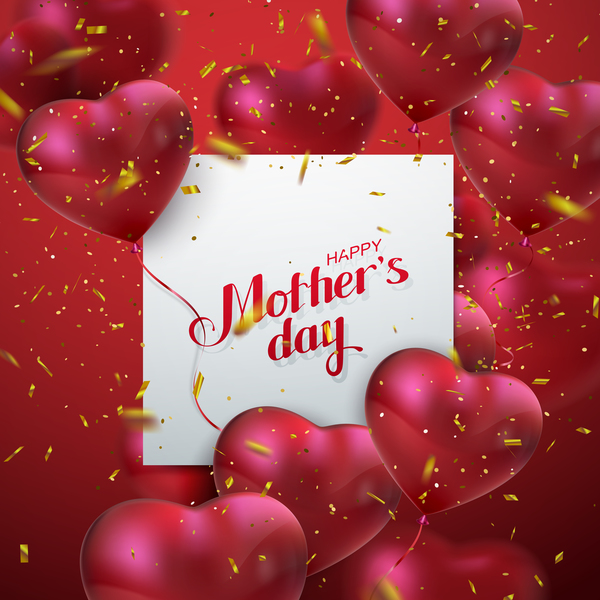 Carte de fête des mères avec des ballons de forme de coeur vector 02  