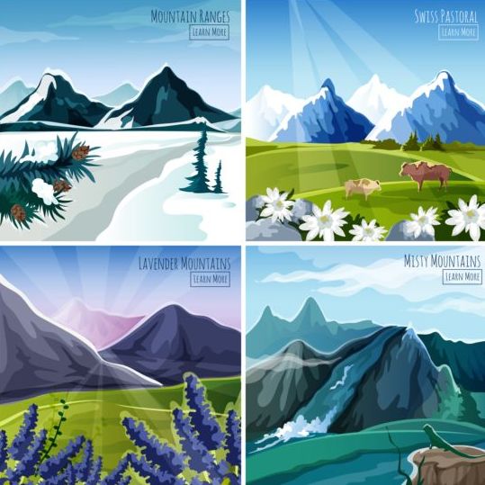 Mountatins four seasons landscapes vector  