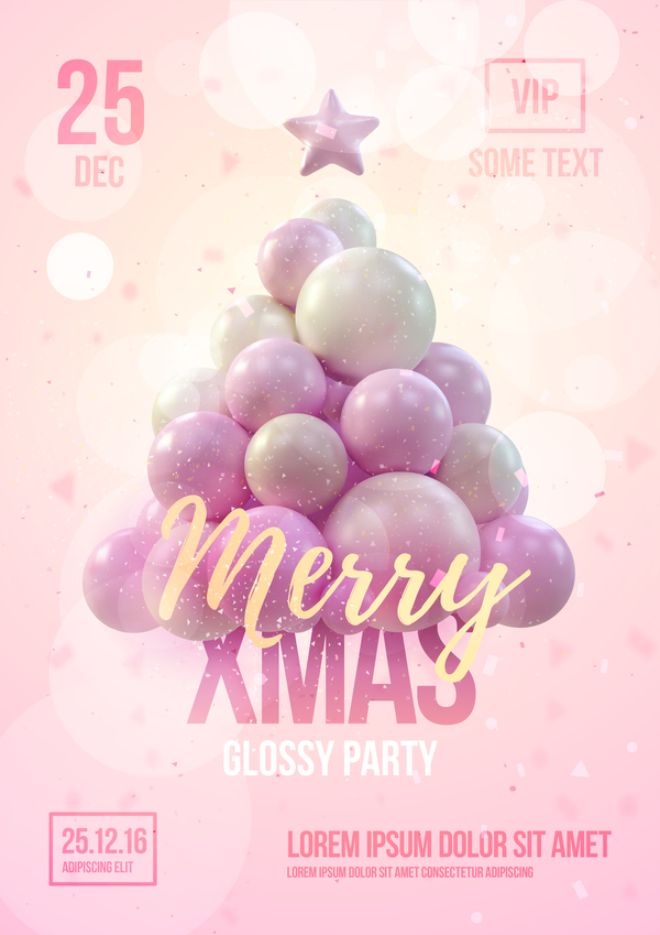 Pink xmas party flyer template with balloon christmas tree vector 01  