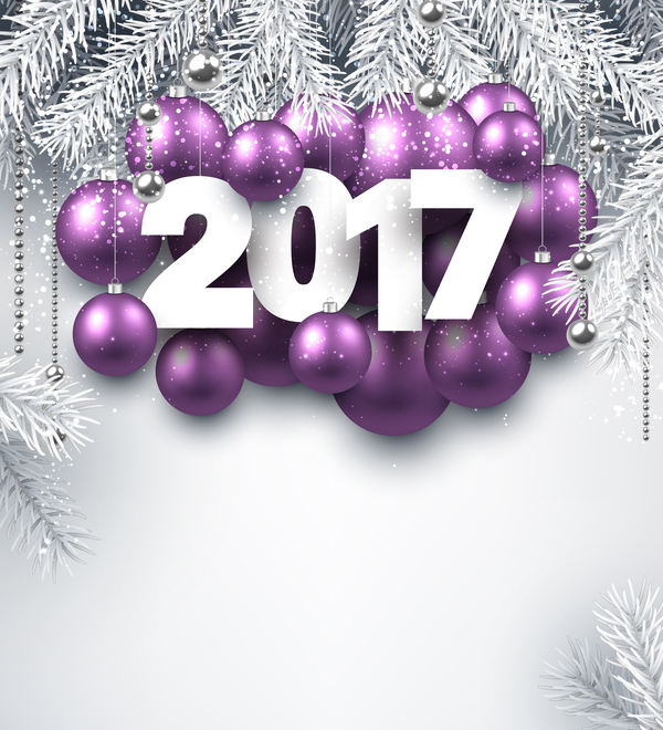 Purple christmas baubles with 2017 new year winter background vector  