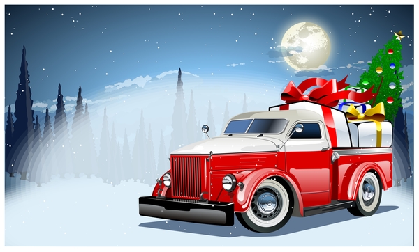 Roter LKW mit Weihnachtsgeschenkvektormaterial 02  