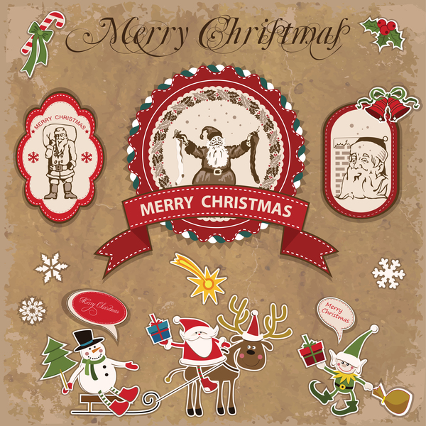 Retro christmas sticker with labels vectors 07  