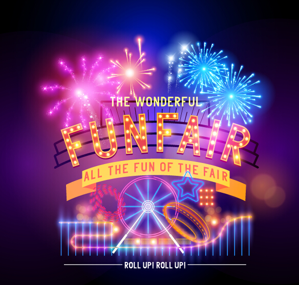 Shiny funfair poster with fireworks vector  
