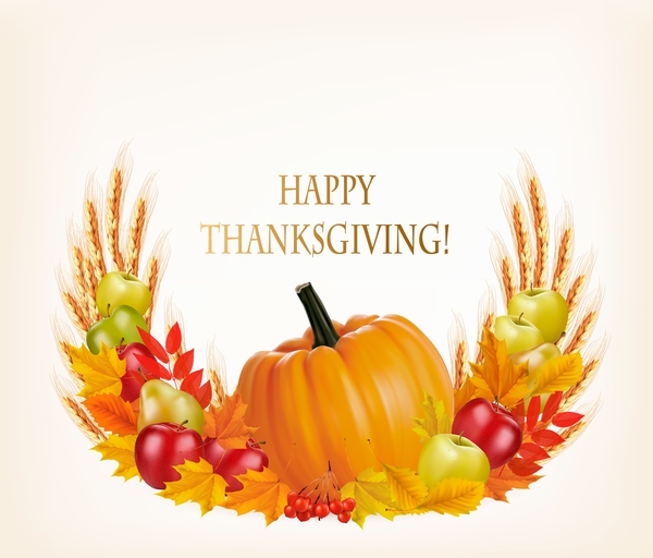Thanksgiving bakgrund med färgglada blad och pumpa frukter vektor  
