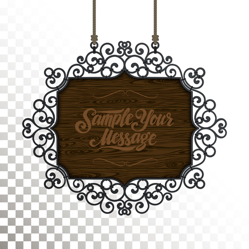 Vintage wooden signboard with Iron floral frame vector 02  