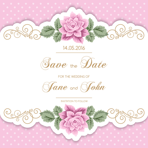 Wedding invitetion card with pink flower vector  